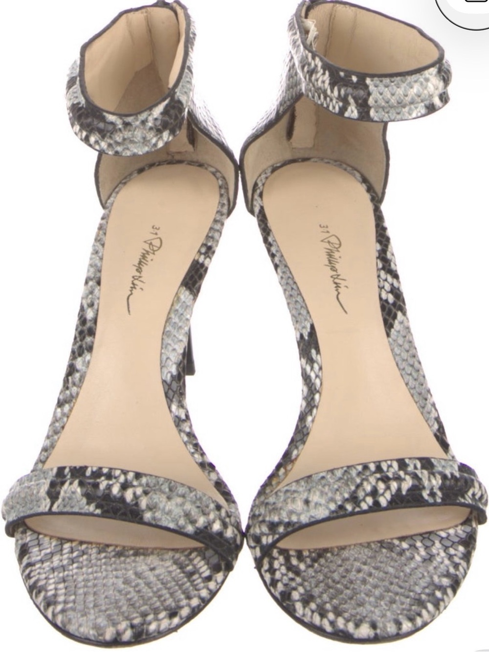 3.1 Phillip Lim Black and Gray Snake-Print Ankle-Strap Heels